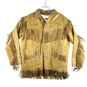Vintage Du Sault Leather Coat Mens XL Fringe Western Deerskin Sherpa Native USA